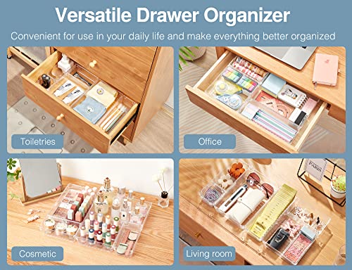 Puroma 24Pcs Drawer Organizer Set 5-size Versatile Vanity and Bathroom Drawer Organizers, Clear Plastic Desk Drawer Organizer Trays and Customize Layout Storage Bins for Makeup Kitchen Office (Clear)