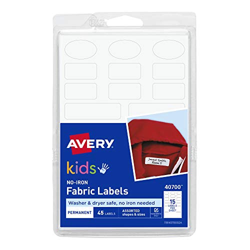 Avery No-Iron Kids Clothing Labels, Washer & Dryer Safe, Writable Fabric Labels, 45 Daycare Labels, 1 Pack (40700), White