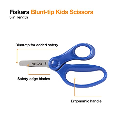 Fiskars Kids Scissors, Scissors for School, Safety Scissors, Blunt Tip Scissors, 5 Inch, 3 Pack, Red, Blue, Turquoise