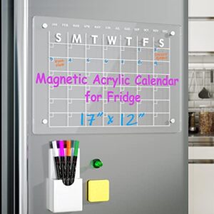 magnetic acrylic calendar for fridge 17″x12″ clear dry erase calendar board for refrigerator includes 4 dry erase markers and eraser
