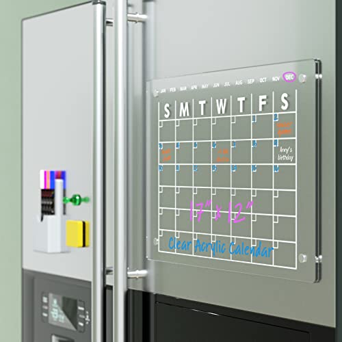 Magnetic Acrylic Calendar for Fridge 17"x12" Clear Dry Erase Calendar Board for Refrigerator Includes 4 Dry Erase Markers and Eraser