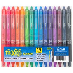 pilot pen 14447 frixion clicker erasable, refillable & retractable gel ink pens, fine point, assorted color inks, 15-pack pouch