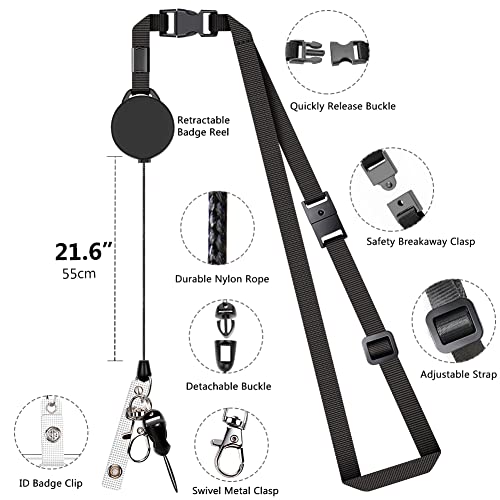 Leather Badge Holder and Adjustable Retractable Lanyards, Quick Release Buckle and Safety Breakaway Lanyards with Swivel Metal Clasp for Offices, Staff, Students, Employees