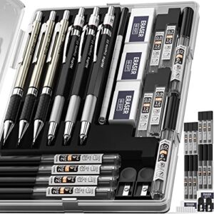 nicpro 6pcs art mechanical pencils set, 3 pcs metal drafting pencil 0.5 mm & 0.7 mm & 0.9 mm & 3 pcs 2mm graphite lead holder (2b hb 2h) for writing, sketching drawing with 12 tube lead refills case
