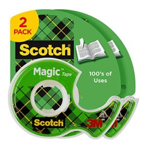 scotch magic tape, 2 rolls, numerous applications, invisible, engineered for repairing, 1/2 x 750 inches, dispensered (119sdm-2)