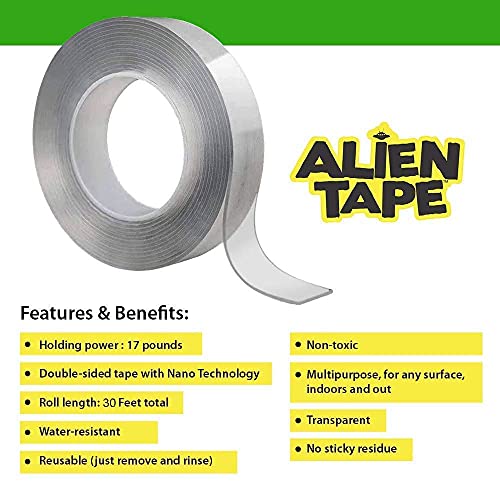 Alientape Nano Double Sided Tape, Multipurpose Removable Adhesive Transparent Grip Mounting Tape Washable Strong Sticky Heavy Duty for Carpet Photo Frame Poster Décor As Seen On TV (1 Roll)