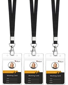 teskyer clear id badge holder with lanyard, waterproof extra thick plastic id card holder with resealable zip, 2.5″ x 3.5″ inner size, vertical style, set of 3, black