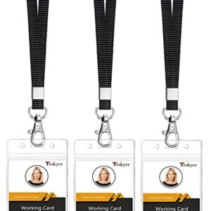 Teskyer Clear ID Badge Holder with Lanyard, Waterproof Extra Thick Plastic ID Card Holder with Resealable Zip, 2.5" x 3.5" Inner Size, Vertical Style, Set of 3, Black