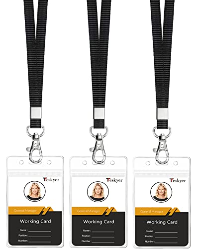 Teskyer Clear ID Badge Holder with Lanyard, Waterproof Extra Thick Plastic ID Card Holder with Resealable Zip, 2.5" x 3.5" Inner Size, Vertical Style, Set of 3, Black