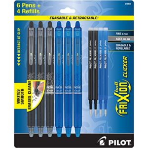 pilot 6 pack (3 black & 3 blue ink pens included) + 4 bonus refills – frixion clicker erasable retractable gel pen – fine point 0.7 mm used for rocketbook & notebook