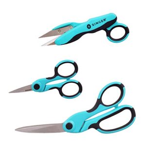 singer proseries sewing scissors bundle, 8.5″ heavy duty fabric scissors, 4.5″ detail embroidery scissors, 5″ thread snips with comfort grip