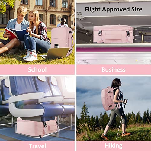 Travel Backpack for Women, Carry On Backpack with USB Charging Port & Shoe Pouch, TSA 15.6inch Laptop Backpack Flight Approved, College School Bag Casual Daypack for Weekender Business Hiking, Pink