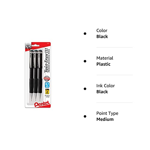 Mechanical Pencil, Pentel Twist Erase .7 MM, Twist-Erase III Automatic, 3 Pack, Black Barrels, Best Professional Pencils for School, Office & Home for Women & Men (QE517BP3)