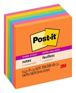 post-it super sticky notes, 4×4 in, 6 pads, 2x the sticking power, energy boost, bright colors (orange, pink, blue, green), recyclable(675-6ssan)