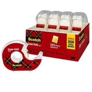 Scotch Super-Hold Tape, 4 Rolls, Transparent Finish, 50% More Adhesive, Trusted Favorite, 3/4 x 650 Inches, Dispensered (4198)