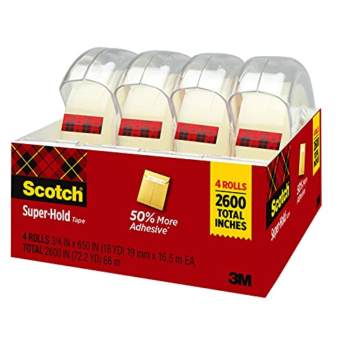 Scotch Super-Hold Tape, 4 Rolls, Transparent Finish, 50% More Adhesive, Trusted Favorite, 3/4 x 650 Inches, Dispensered (4198)