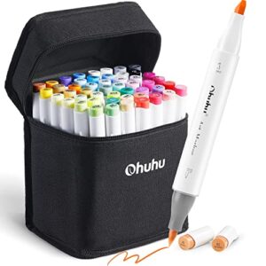 ohuhu alcohol markers brush tip: double tipped art marker set for artist adults coloring sketching drawing alcohol-based ink – brush chisel dual tips – honolulu – 48 colors w/ 1 blender and case