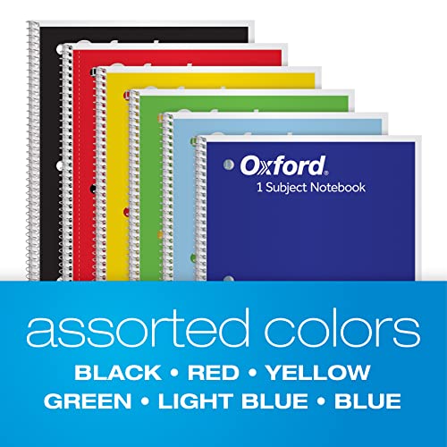 Oxford Spiral Notebook 6 Pack, 1 Subject, Wide Ruled Paper, 8 x 10-1/2 Inch, Blue, Yellow, Red, Light Blue, Green and Black, 70 Sheets (65010)