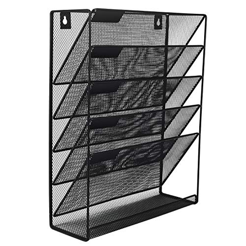 easypag file organizer mesh 5 tier vertical hanging wall file holder with bottom flat tray ,black
