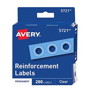 avery self-adhesive hole reinforcement stickers, 1/4″ diameter hole punch reinforcement labels, clear, non-printable, 200 labels total (5721)