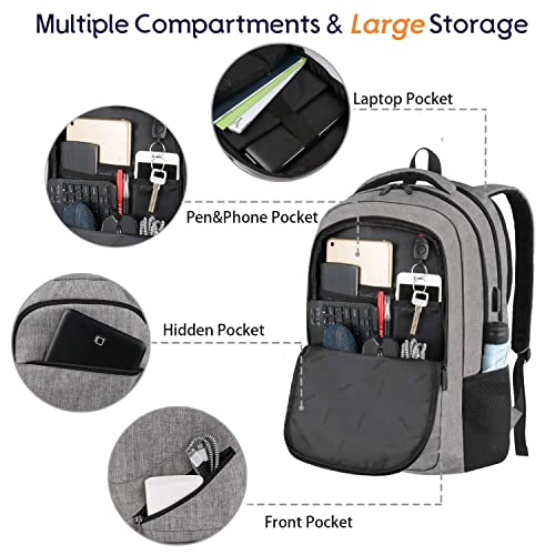 MATEIN Travel Laptop Backpack,TSA Large Travel Backpack for Women Men, 17 Inch Business Flight Approved Carry On Backpack with USB Charger Port and Luggage Sleeve, Durable College School Bookbag,Grey