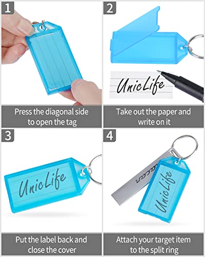 Uniclife 20 Pack Tough Plastic Key Tags with Split Ring Label Window, Assorted Colors