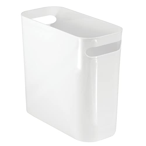 mDesign Plastic Small Trash Can, 1.5 Gallon/5.7-Liter Wastebasket, Narrow Garbage Bin with Handles for Bathroom, Laundry, Home Office - Holds Waste, Recycling, 10" High - Aura Collection, White