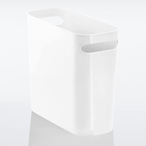 mDesign Plastic Small Trash Can, 1.5 Gallon/5.7-Liter Wastebasket, Narrow Garbage Bin with Handles for Bathroom, Laundry, Home Office - Holds Waste, Recycling, 10" High - Aura Collection, White