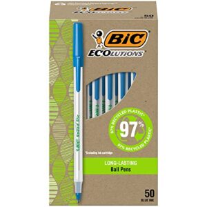 bic ecolutions round stic ballpoint pens, medium point (1.0mm), 50-count pack, blue ink pens made from 97% recycled plastic