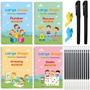 Monking 4Pc Large Magic Practice Copybook for Kids,Handwriting Practice Book 4 Pack with Pen Refill English Cursive Calligraphy Reusable Age 3-8 ，11.4x8.3Inch (4pc+2 pen)
