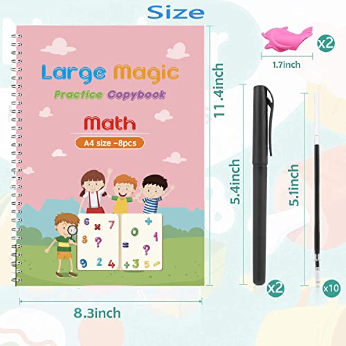 Monking 4Pc Large Magic Practice Copybook for Kids,Handwriting Practice Book 4 Pack with Pen Refill English Cursive Calligraphy Reusable Age 3-8 ，11.4x8.3Inch (4pc+2 pen)