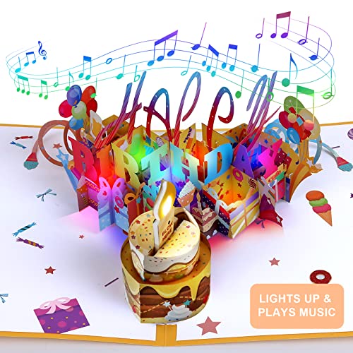 3D Musical Birthday Card, Blowable LED Light Candle 3D Birthday Popup Cards with Music, Blow Out Led Light Candle, and Play Happy Birthday Music for Kids Men and Women