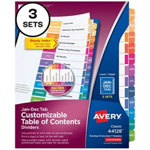 avery jan-dec 12 tab dividers for 3 ring binders, customizable table of contents, multicolor tabs, 3 sets (44128)
