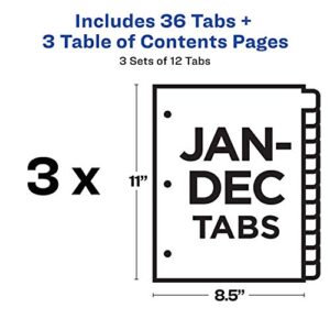 Avery Jan-Dec 12 Tab Dividers for 3 Ring Binders, Customizable Table of Contents, Multicolor Tabs, 3 Sets (44128)