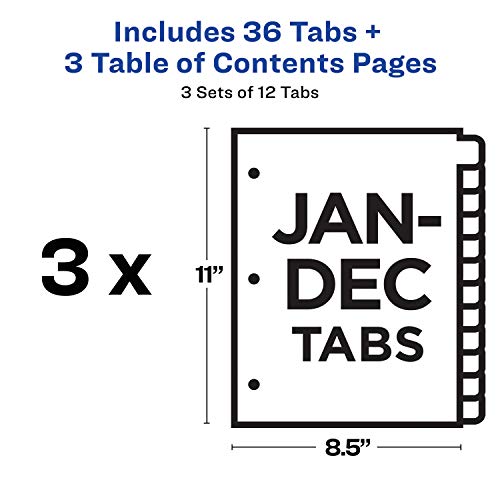 Avery Jan-Dec 12 Tab Dividers for 3 Ring Binders, Customizable Table of Contents, Multicolor Tabs, 3 Sets (44128)