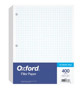oxford filler paper, 8-1/2″ x 11″, 4 x 4 graph rule, 3-hole punched, loose-leaf paper for 3-ring binders, 400 sheets per pack (62360)
