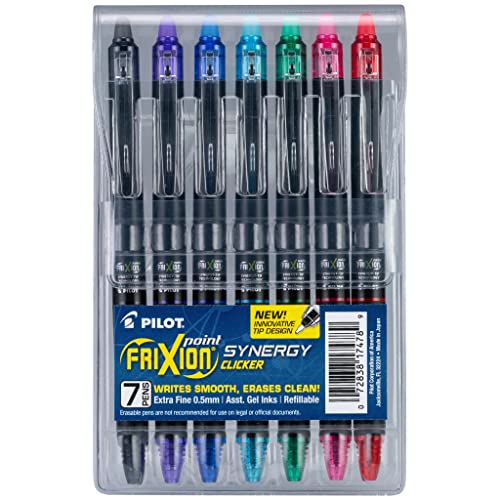 PILOT Pen 17478 FriXion Synergy Clicker Erasable, Refillable & Retractable Gel Ink Pens, Extra Fine Point, Assorted Ink Colors, 7-Pack