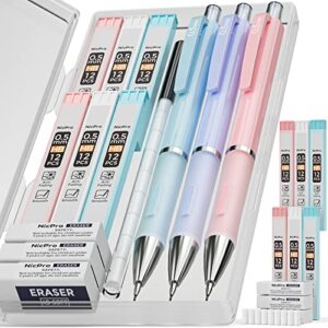 nicpro 3 pcs pastel mechanical pencil 0.5 mm for school, with 6 tubes hb lead refills, erasers, eraser refills for student writing, drawing, sketching, blue & pink & violet colors – come with case