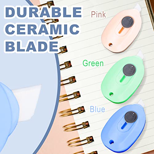 Sonuimy Mini Ceramic Box Cutter, 3pcs Safety Package Box Opener, Retractable Utility Knife Ceramic Blades with Keychain Hole (Pink Green Blue)