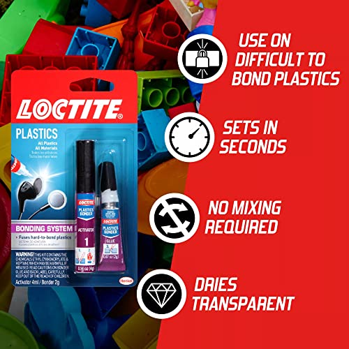 Loctite Super Glue Plastic Bonding system, Clear Superglue for Plastic, Cyanoacrylate Adhesive Instant Glue, Quick Dry - 0.14 fl oz Activator, .07 fl oz Glue, Pack of 1