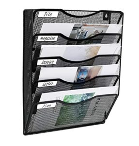 easypag 5 pockets mesh wall file holder office hanging file folder magazine rack mail sorter bin | nametag label included, black