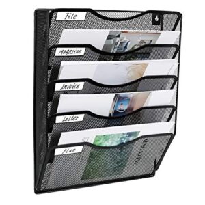 EasyPAG 5 Pockets Mesh Wall File Holder Office Hanging File Folder Magazine Rack Mail Sorter Bin | Nametag Label Included, Black