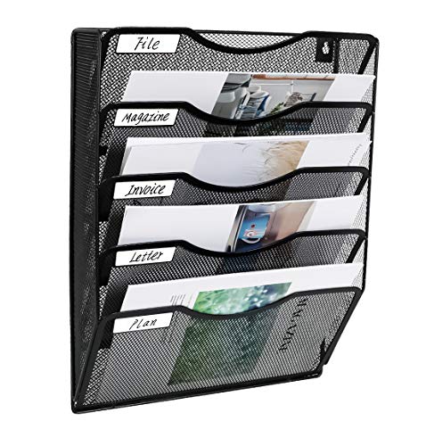 EasyPAG 5 Pockets Mesh Wall File Holder Office Hanging File Folder Magazine Rack Mail Sorter Bin | Nametag Label Included, Black