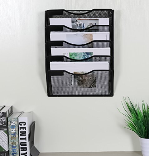 EasyPAG 5 Pockets Mesh Wall File Holder Office Hanging File Folder Magazine Rack Mail Sorter Bin | Nametag Label Included, Black