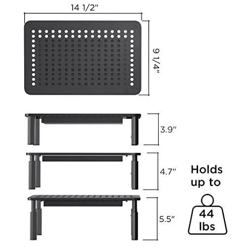 EVOOMI Back Saver Monitor Riser Stand with Drawer - 2 Pack - Gain 5 Weeks a Year, Less Pain & Peak Productivity with Anti Skid Mesh Metal Desktop Stand for PC Laptop Notebook Printer, Computer, iMac