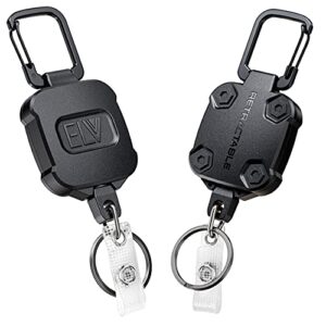2 pack elv self retractable id badge holder key reel, heavy duty, 32 inches cord, carabiner key chain, retractable keychain key holder, hold up to 15 keys and tools (black)