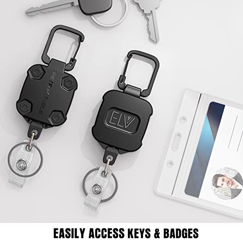 2 Pack ELV Self Retractable ID Badge Holder Key Reel, Heavy Duty, 32 Inches Cord, Carabiner Key Chain, Retractable Keychain Key Holder, Hold Up to 15 Keys and Tools (Black)