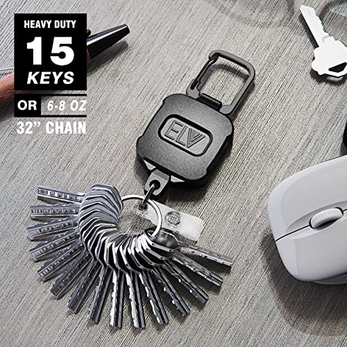 2 Pack ELV Self Retractable ID Badge Holder Key Reel, Heavy Duty, 32 Inches Cord, Carabiner Key Chain, Retractable Keychain Key Holder, Hold Up to 15 Keys and Tools (Black)