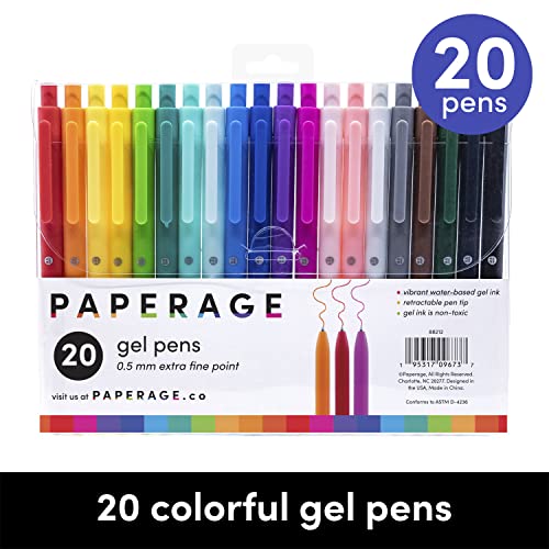 PAPERAGE Gel Pen With Retractable Extra Fine Point (0.5mm), 20 Colored Pen Set for Bullet Style Journals, Notebooks, Planners, Calendars, Notes & Drawing, Use at Home, Office, School, Crafts