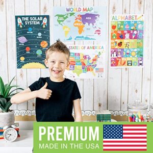 16 Educational Posters for Classroom Decor & Kindergarten Homeschool Supplies Baby to 3rd Grade Kids, Laminated PreK Learning Chart Materials – US & World Map, ABC Alphabet, Shapes, Days of the Week